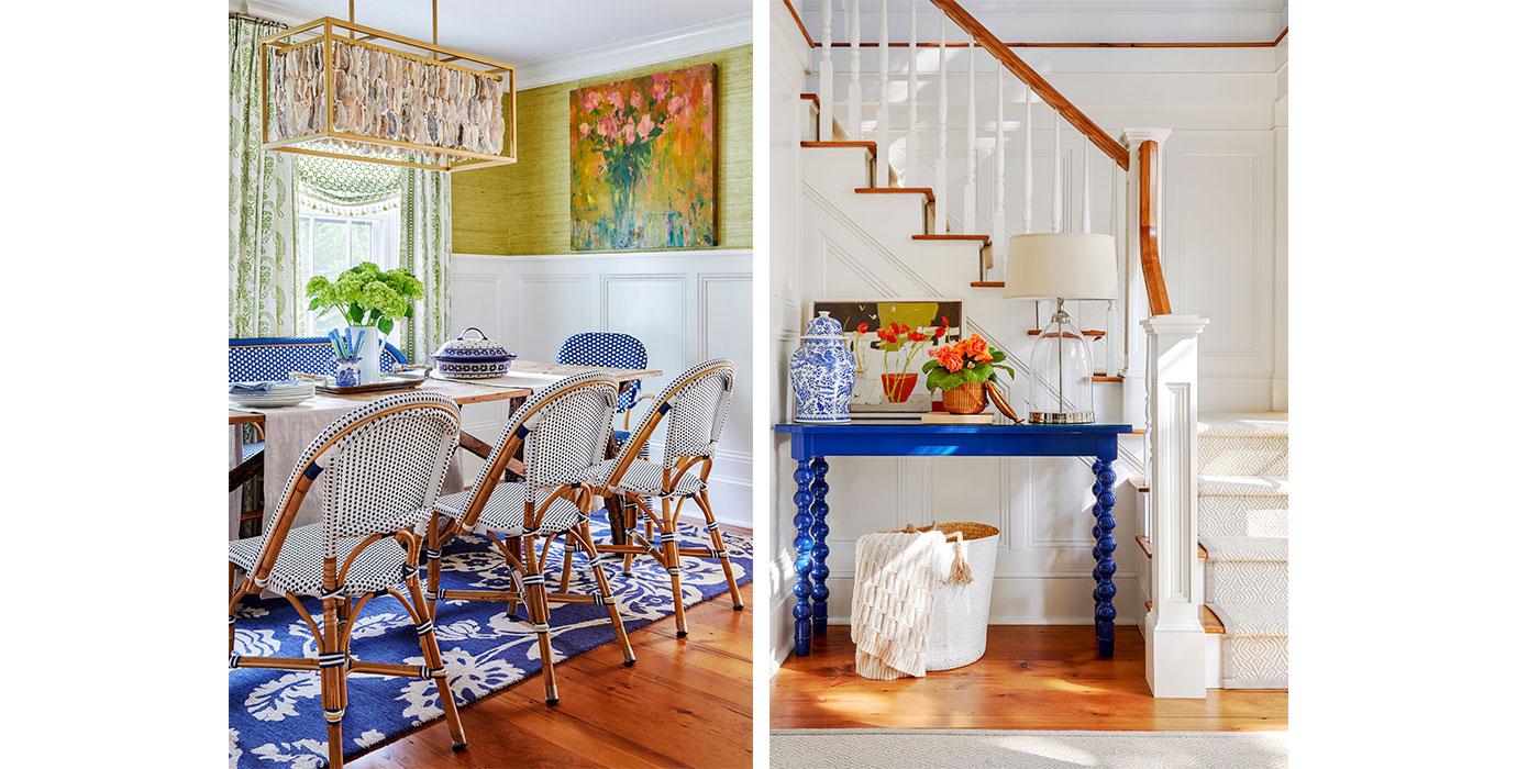 Colorful stair 和 dining room of a historic Nantucket home, designed by 唐娜世界时装之苑