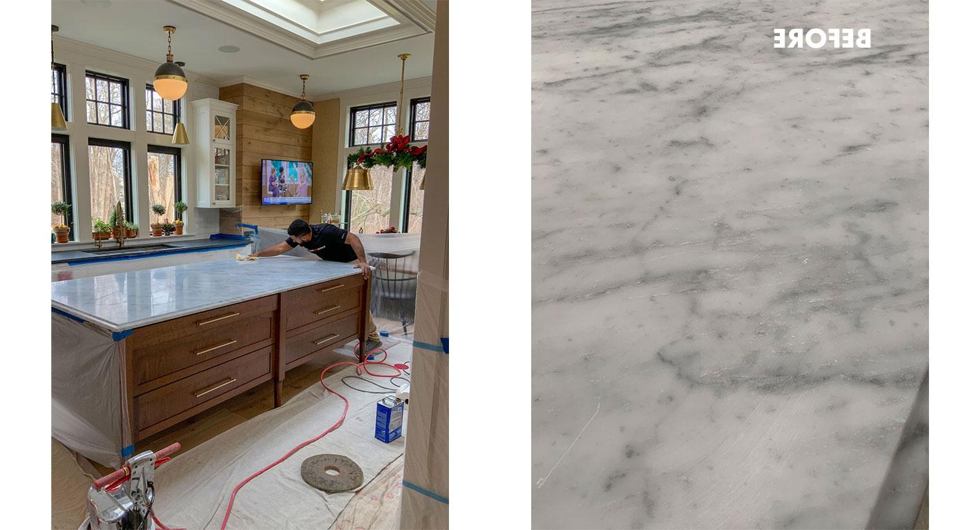 Scratch removal in a marble countertop by Boston Stone Restoration
