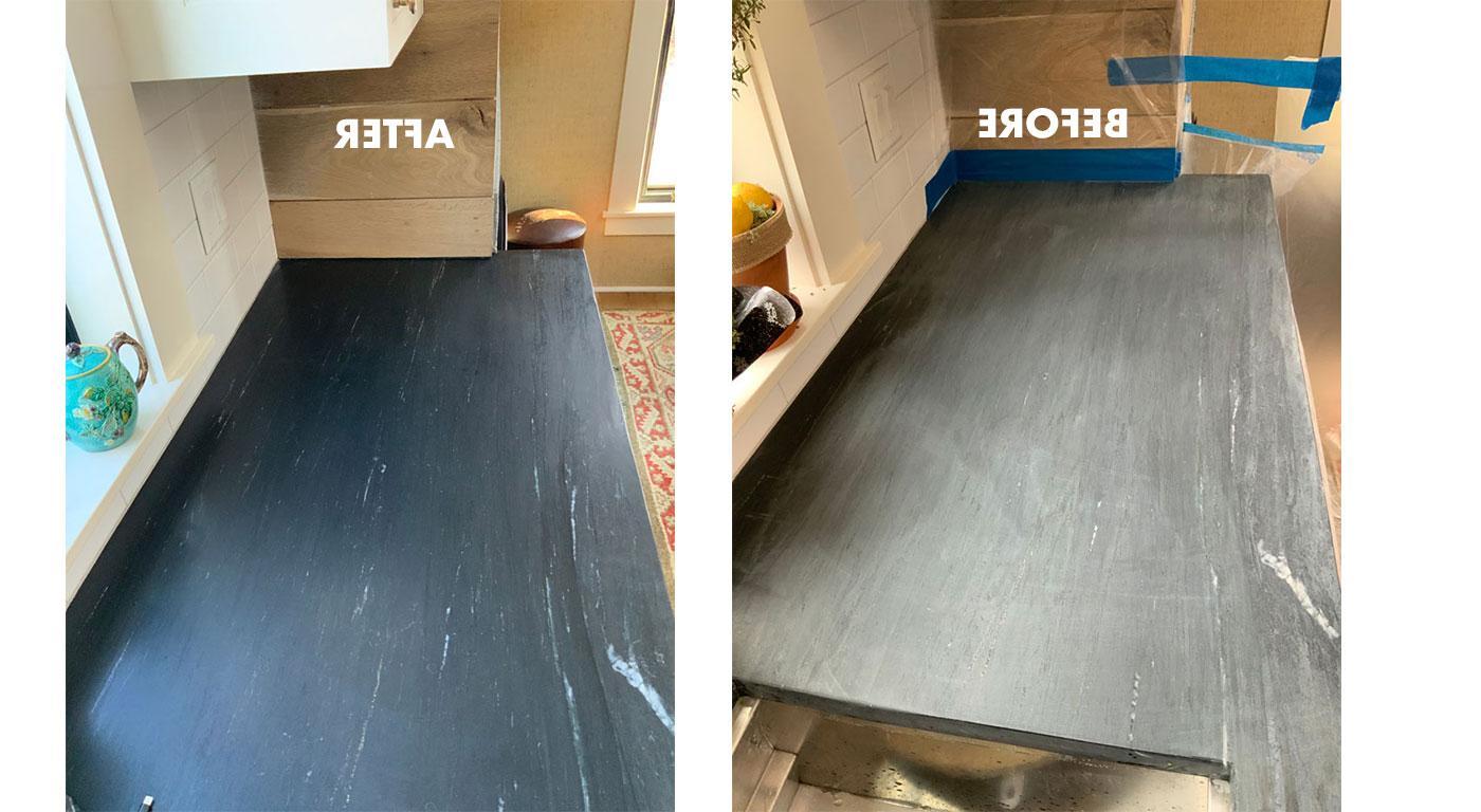 Damage removal on soapstone by Boston Stone Renovation; before and after
